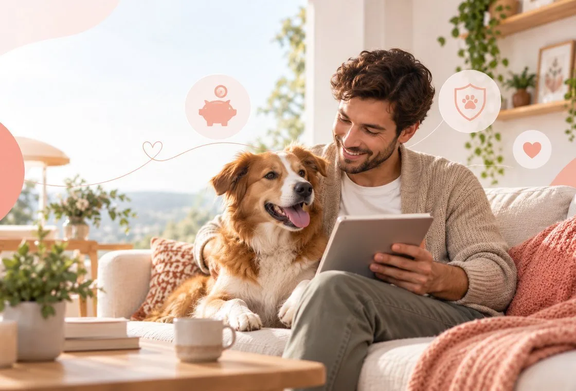 Pet owner using a tablet while sitting beside a dog