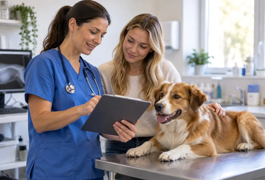 Veterinarian reviewing a tablet with an owner beside a dog on an examination table